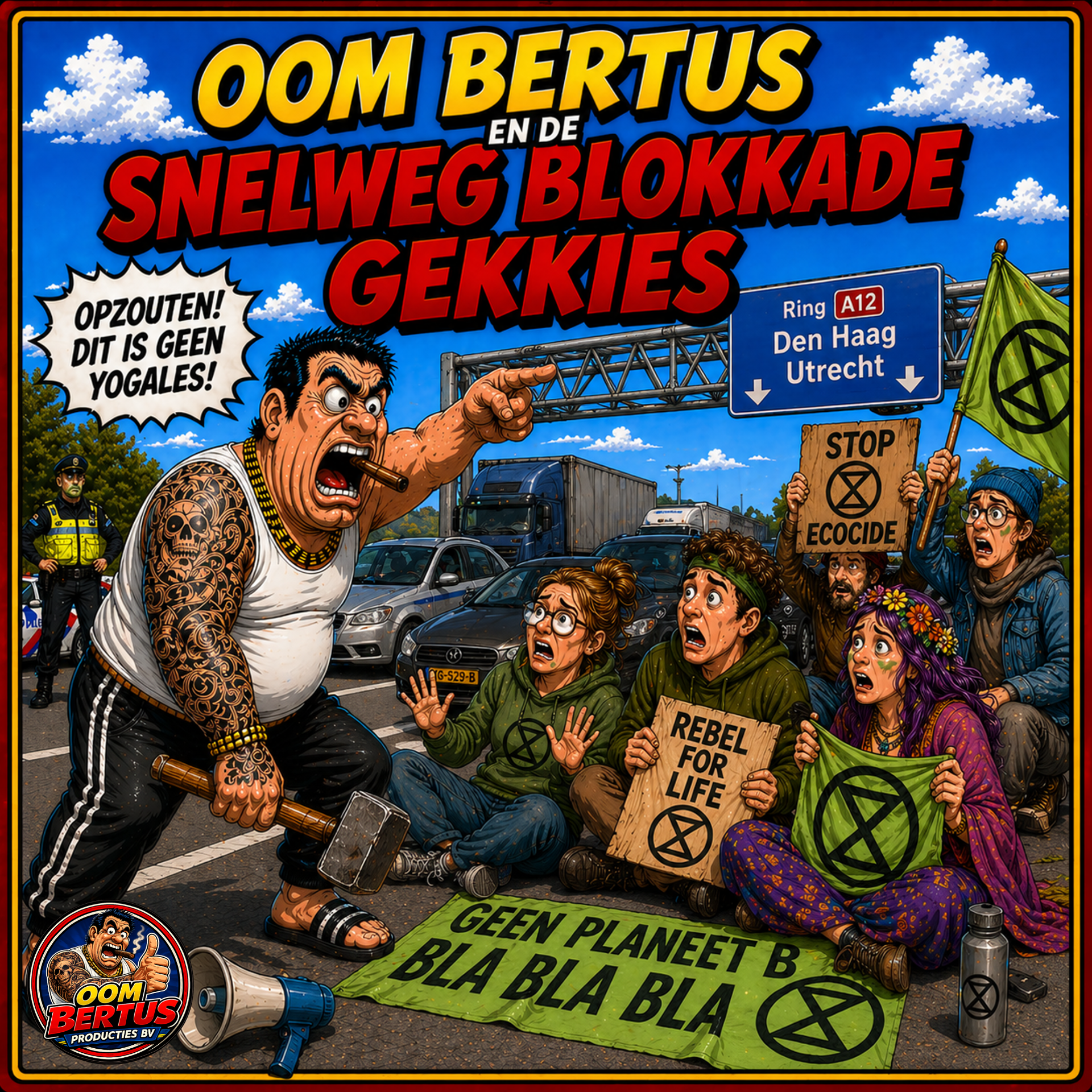 Het linkse tuig heeft de snelweg weer eens compleet naar de klote geholpen. Een stelletje mafkezen staat midden op de weg te demonstreren, waardoor heel Nederland muurvast staat.

Maar dan komt Oom Bertus aanrijden…

En ja hoor… dan slaat de hele pan volledig uit de klauwen! 

Oom Bertus heeft namelijk een nogal eigen mening over snelwegblokkades, demonstranten en ander volk dat denkt dat de openbare weg hun persoonlijke woonkamer is. Wat begint als een simpele file, eindigt in een compleet gestoorde bende waar zelfs Slopperdam-Zuid nog van zegt: “Godverdomme, dit gaat wel héél ver.”

Vanaf 16 oktober 2026 te beluisteren!

Spotify, Deezer, Tidal, YouTube en eigenlijk alle streamingzooi waar je tegenwoordig muziek en gekkigheid kunt vinden.
